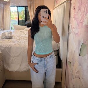 Sleeveless Turquoise Top with Rhinestone Detailing